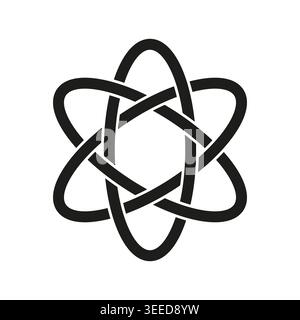 A complex black Vector knot, resembling an abstract atom or interconnected network, features six elegantly interwoven loops. EPS 10. Stock Vector