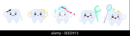 Shaded cartoon tooth characters with cavity, tartar, toothbrush, floss pick, dental mirror on white background vector illustration Stock Vector