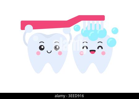 Two cute cartoon tooth characters with pink toothbrush and soap bubbles on white background vector illustration Stock Vector