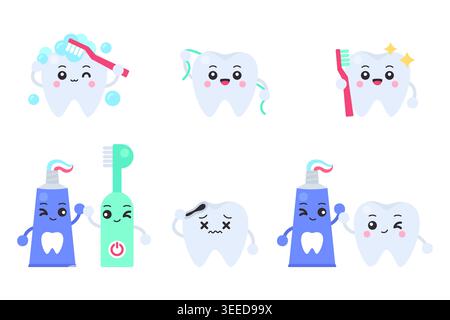 Set of cute cartoon tooth and toothpaste characters with toothbrush, dental floss, cavity tooth, electric toothbrush touching hands on white backgroun Stock Vector