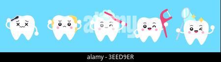 Flat cartoon tooth characters with cavity, tartar, toothbrush, floss pick, dental mirror on blue background vector illustration Stock Vector