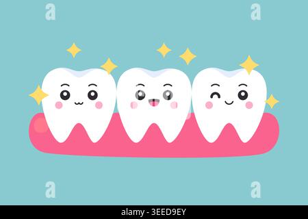 Three cute flat cartoon clean sparkling white tooth characters on pink gum on teal background vector illustration Stock Vector