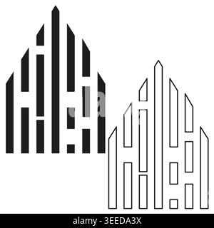 A conceptual Vector graphic depicting a modern, abstract building or data structure, utilizing a dynamic pattern of solid and outlined bars. EPS 10. Stock Vector