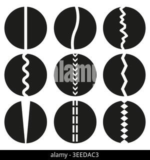 A minimalist Vector collection of black circular icons, each with a unique white central divider pattern, for abstract graphic design needs. EPS 10. Stock Vector
