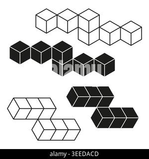 A dynamic Vector set of abstract isometric cubes and blocks, presented in both outline and solid forms, creating a minimalist graphic design element. Stock Vector