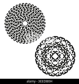 An elegant Vector set of intricate black and white circular patterns, featuring repeating organic scroll motifs and abstract decorative elements. EPS Stock Vector
