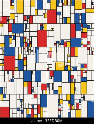 Mondrian Style Geometric Composition with Red, Blue, and Yellow Rectangles Stock Vector