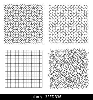 A Vector collection of seamless abstract patterns, featuring geometric grids, interlocking forms, and chaotic line art on a white background. EPS 10. Stock Vector