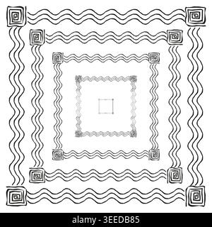 A distinct Vector collection of concentric square frames with decorative wavy lines and spiral corner elements, creating a unique tribal border set. E Stock Vector