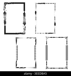 A curated collection of decorative Vector frames, showcasing diverse artistic styles including grunge, brush stroke, and classic Greek key patterns. E Stock Vector