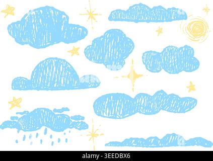Crayon drawn kids clouds elements with sun and stars scribble texture. Stock Vector