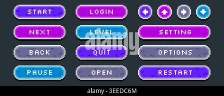Vector set of colored pixel art start, pause, next, open and login button. Pixelated video game icons, arrows, text box frames, interface menu elements in 8bit retro style. Arcade ui graphic design Stock Vector