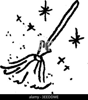 Hand Drawn Magical Cleaning Broom Vector Drawing Stock Vector