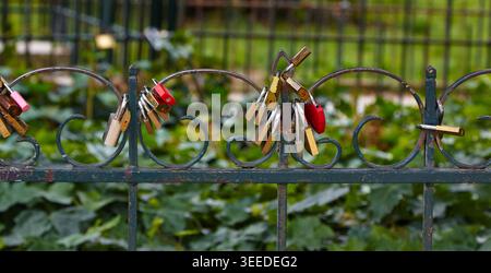 Love locks are seen hanging on a decorative metal fence, surrounded by lush green foliage, representing a popular tradition in urban environments Stock Photo