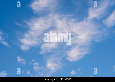 Thin white clouds float across a vivid blue sky during clear daytime weather. Stock Photo