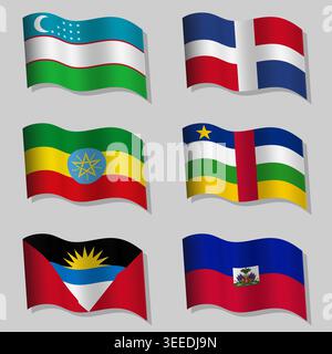 Vector set of wavy flags with flagpoles of the world Stock Vector