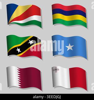 Collection of wavy flags with flagpoles of the world Stock Vector