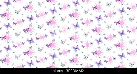 Seamless pattern with butterflies and pink stars on white Stock Vector