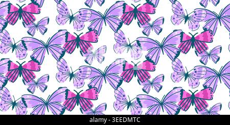 A rich pattern of overlapping purple and pink butterflies flying in different directions on white Stock Vector