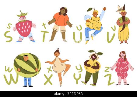 Poster with people in fruit costumes from S to Z, educational set for kids Stock Vector