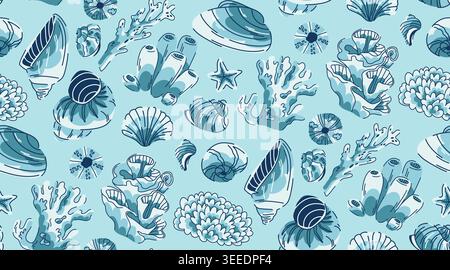 Seamless pattern with blue and aquamarine colors with corals and shells on the seabed Stock Vector