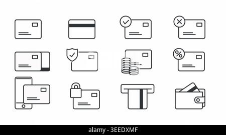 Fintech and digital payment icon set: 10 minimalist black line vectors featuring credit cards, wallet, security shield, coins, and transaction symbols Stock Vector