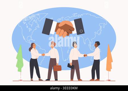 Business diplomats shaking hands at international meeting, standing in front of world map, symbol of global partnership, cooperation, agreement and negotiation, flat colorful vector illustration Stock Vector