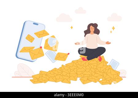 Woman meditating on huge pile of email envelopes, staying calm and balanced while managing digital inbox overload and smartphone notifications, isolated on white background vector illustration Stock Vector