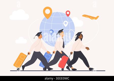 Young diverse graduates walking with luggage and airplane around globe, representing international study abroad, student exchange, travel and global education opportunities vector illustration Stock Vector
