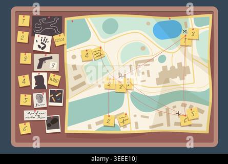 Detective board. Crime evidence connections chart, pinned newspaper and ...