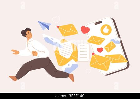 Busy office worker running from smartphone email overload, spam messages, notifications and social media likes, concept of digital stress and communication burnout isolated vector illustration Stock Vector