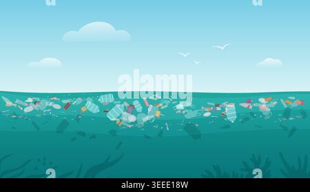 Plastic garbage and bottles floating on polluted sea surface, showing marine debris, ocean waste problem and environmental pollution concept in flat style vector illustration Stock Vector