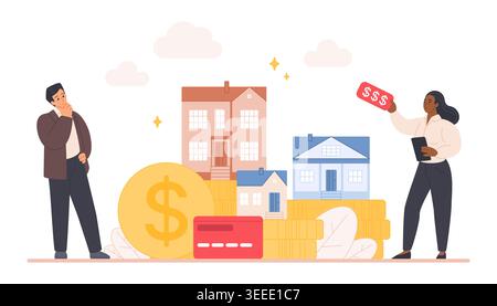 Concept of house cost, buying a home and real estate market with people, houses, coins and credit card, showing property price and mortgage planning, isolated on white background vector illustration Stock Vector
