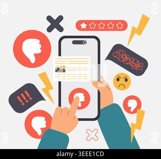 Hands using smartphone to leave negative social media feedback with thumbs down icons, low rating stars, angry emojis and exclamation marks, isolated on white background vector illustration Stock Vector