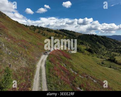 A convoy of off-road vehicles navigates a narrow dirt path cutting through a lush green and purple mountain meadow beneath a vast open sky Stock Photo