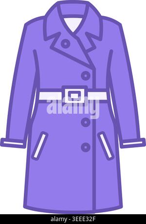 Colored Coat Icon. Vector Drawing. Outerwear Dress For Cool Weather. Stylish Coat With Belt. Fashion And Clothing Concept Stock Vector
