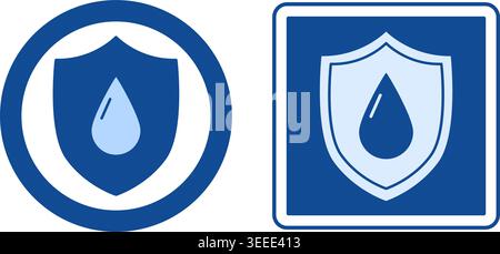 Blue Leak Proof Labels. Vector Icons. Shield and Water Drop. Waterproof Material, Water Resistant. Product Packaging Design Element Stock Vector