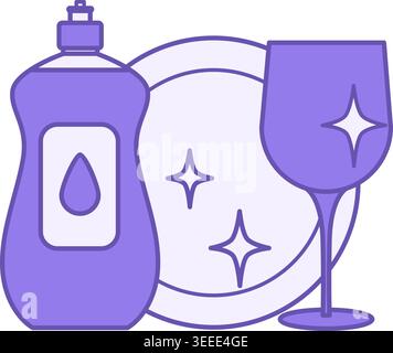 Colored Dish Soap Icon. Vector Illustration. Detergent, Plate, and Glass. Kitchen, Wash Dishes. Grocery Concept Stock Vector