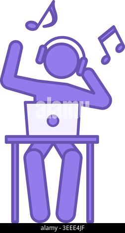 Colored Listen Music Icon. Vector Illustration. Man In Headphones Listening To Happy Music And Dancing. Table, Laptop, And Musical Notes. Music Concep Stock Vector