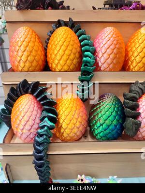 3D printed different art objects. Objects printed on 3D printer from melted colored plastic. Multicolored models created on 3D printer from threads of molten plastic. Modern new additive technologies Stock Photo