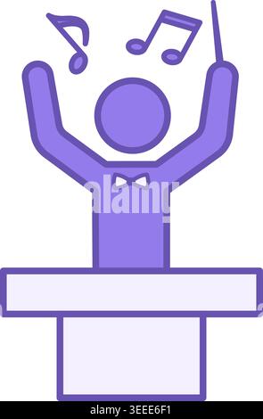 Colored Orchestra Conductor Icon. Vector Illustration. Head of Ensemble Music. Man with Bow Tie Conducting Orchestra, Choir. Musical Notes. Music Conc Stock Vector