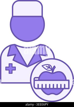 Colored Nutritionist Icon. Vector Illustration. Doctor in Hospital Gown, Apple and Body Measurement Tape. Healthy Lifestyle. Nutrition Concept Stock Vector