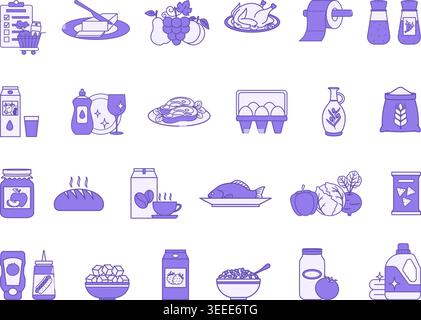 Colored Grocery Icon Set. Vector Illustrations Food, Bread, Milk, Eggs, Butter, Flour, Fruits, Vegetables, Fish, Chicken, Beef, and More Stock Vector