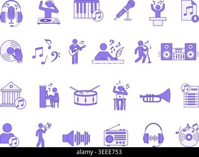 Colored Music Icon Set. Vector Illustrations Note, Vinyl, Music Composer, Piano, DJ, Playlist, Headphones, Orchestra Conductor, Guitarist, and More Stock Vector