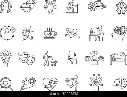 Lifestyle Icons Set. Vector Icons of Diet, Exercise, Healthy Lifestyle, Relaxation, Unhealthy Lifestyle, Luxury Lifestyle, Weight Loss, and More Stock Vector