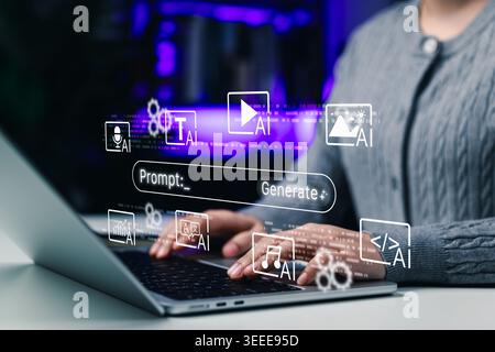 Generative AI prompt interface and multimodal content creation concept, professional using laptop with generate button, text, video, image, voice, Stock Photo
