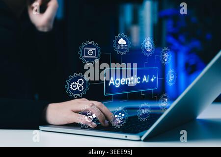 Agentic AI automation for intelligent work assistance concept. Person using laptop with AI workflow system, automate tasks, analyze data, support Stock Photo