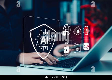 AI cybersecurity shield and secure data protection concept. Person using laptop with virtual lock icon for cloud, email, mobile access, global network Stock Photo