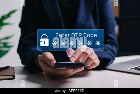 Two-factor authentication concept. Person using smartphone to enter an OTP code. lock icon and password field for secure banking and data protection. Stock Photo