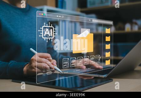 AI document management system and digital file automation concept. Person using laptop with virtual folders, approved documents, search interface, Stock Photo